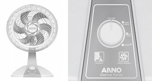 Modelo e funções do ventilador de mesa Arno Silence Force branco.