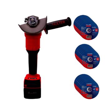 Kit Esmerilhadeira à Bateria Hulter 20V HT5EB1002F Bivolt + 15 Discos de Corte Inox Metal Hulter 100x1x16mm HT5D100F