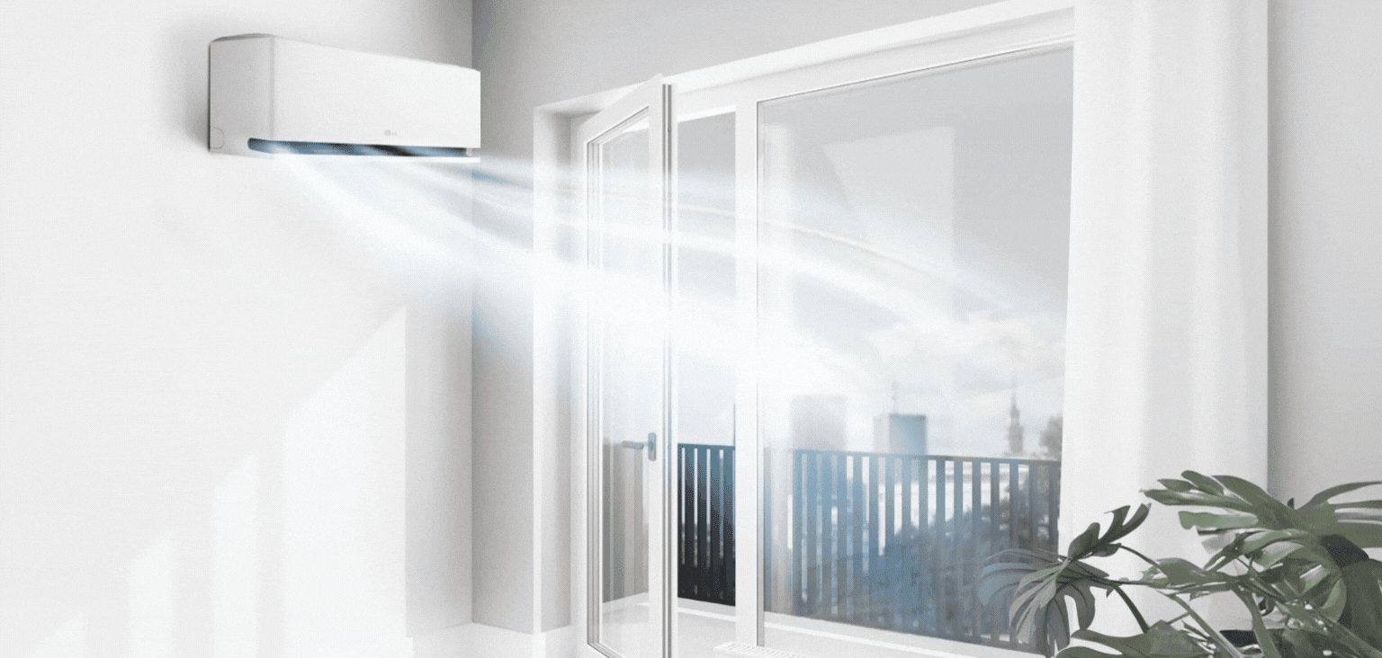 Imagem animada mostra como funciona o sensor de janela aberta presente no ar-condicionado LG