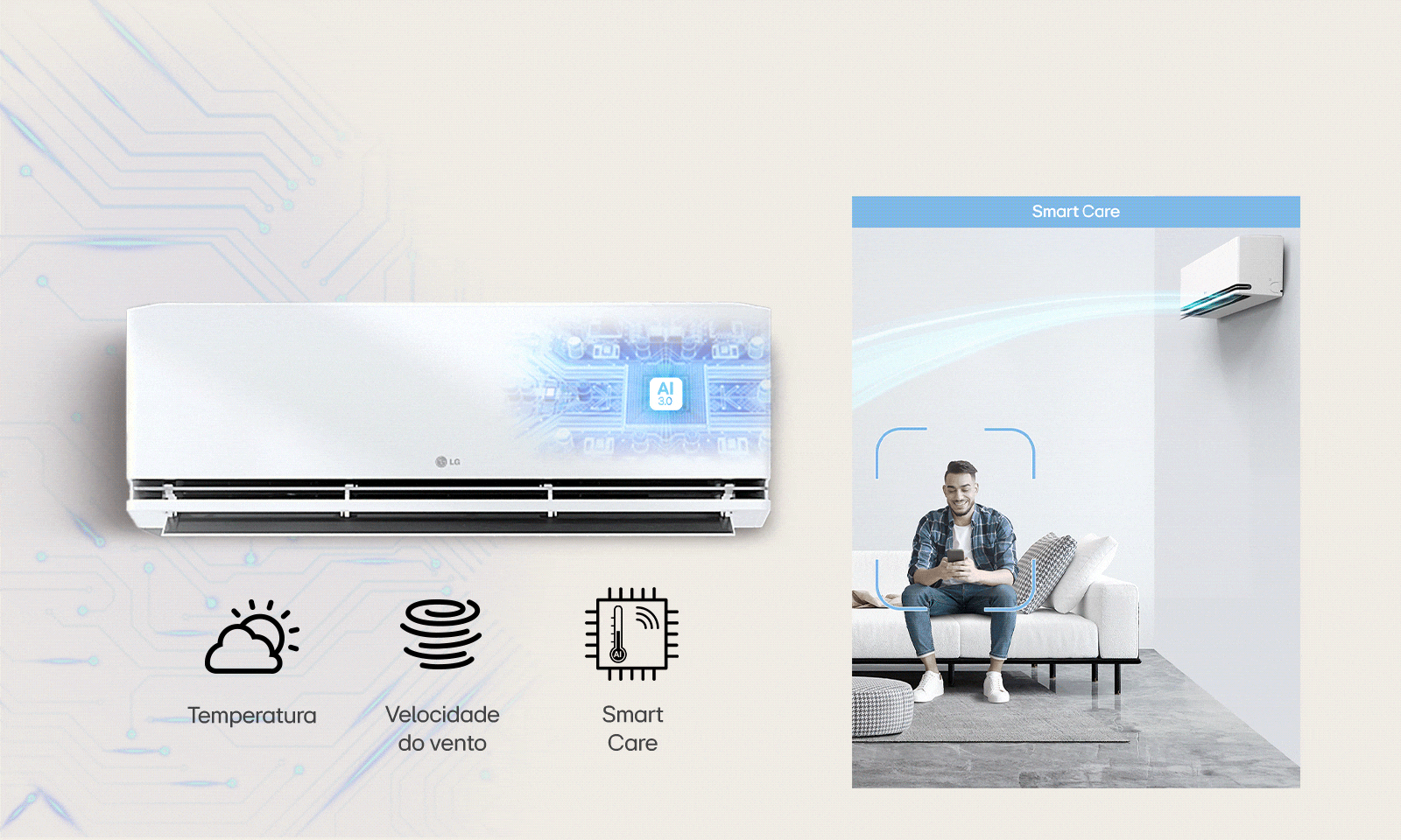 Do lado esquerdo há uma ilustração do ar-condicionado LG DUAL Inverter Uniq +AI 3.0 exibindo seu interior